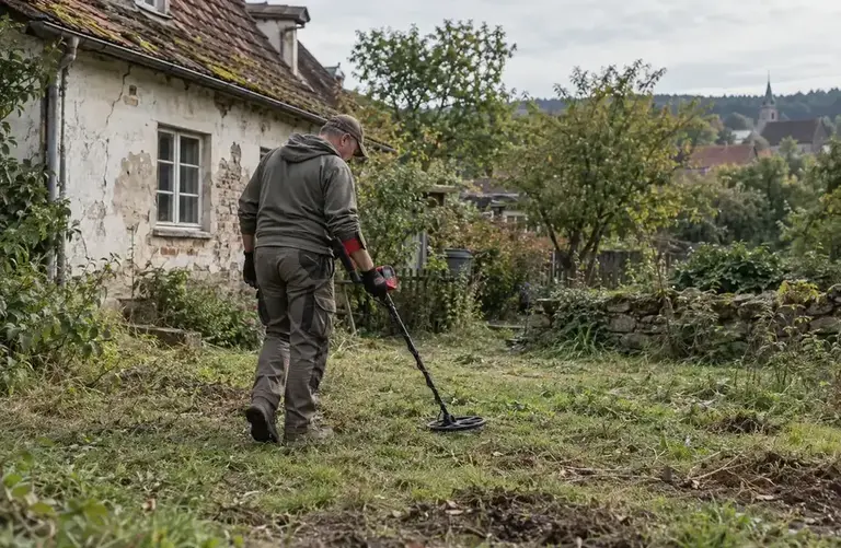 Ein alter Garten wird vor geplanten Arbeiten mit einem Metalldetektor abgesucht