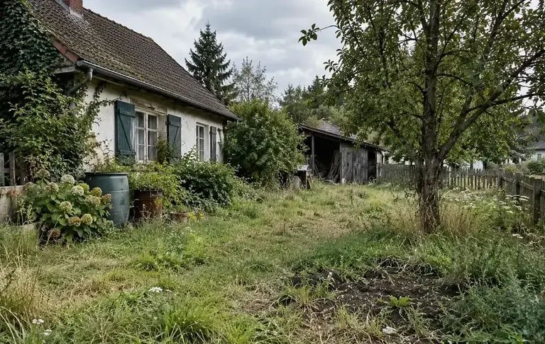 Überwachsener alter Garten mit Haus, Schuppen und Obstbäumen