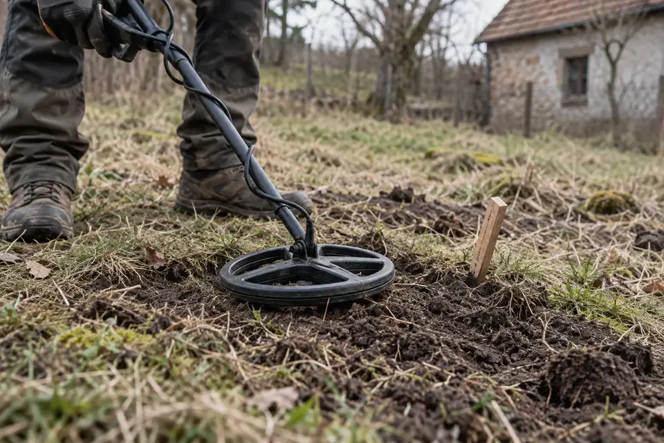 Die Suchspule wird über einer markierten Stelle im Boden erneut geführt
