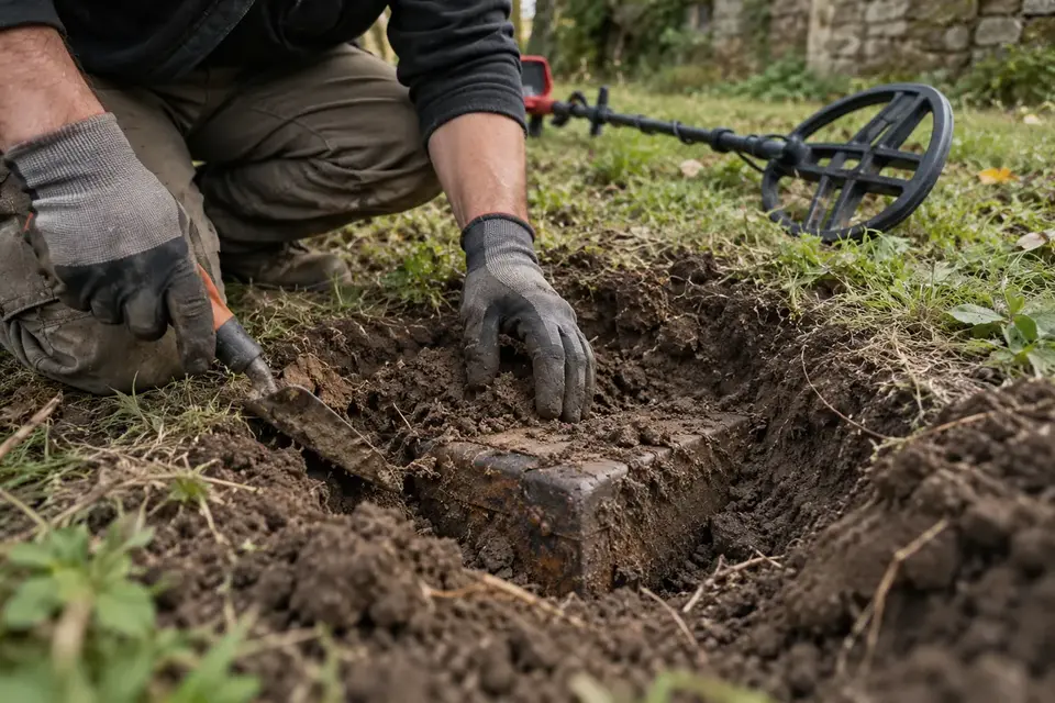 Ein alter stark verrosteter Metallkasten wird vorsichtig im Erdreich freigelegt