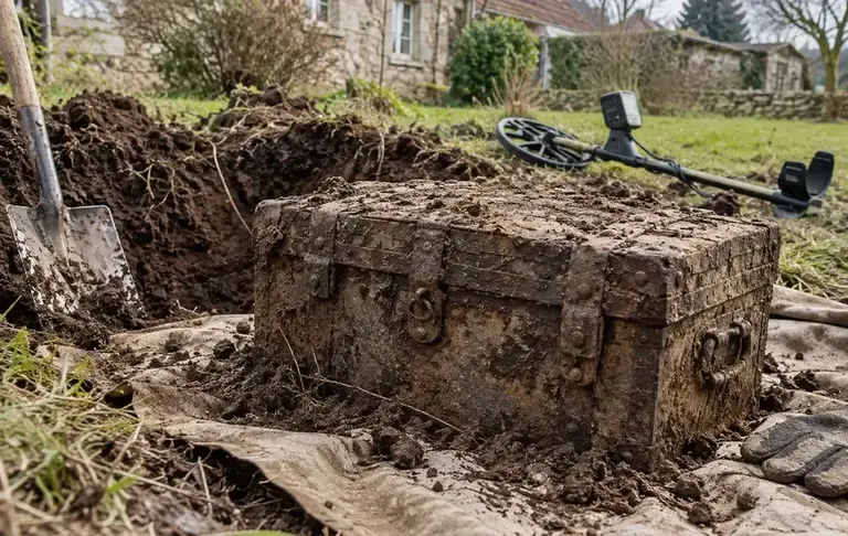 Ein alter geschlossener Metallkasten liegt nach der Bergung neben der Fundstelle